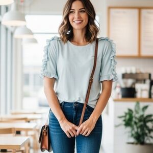 {Rebecca Taykor} NWT Ruffled Sleeve Light Blue Top - Large